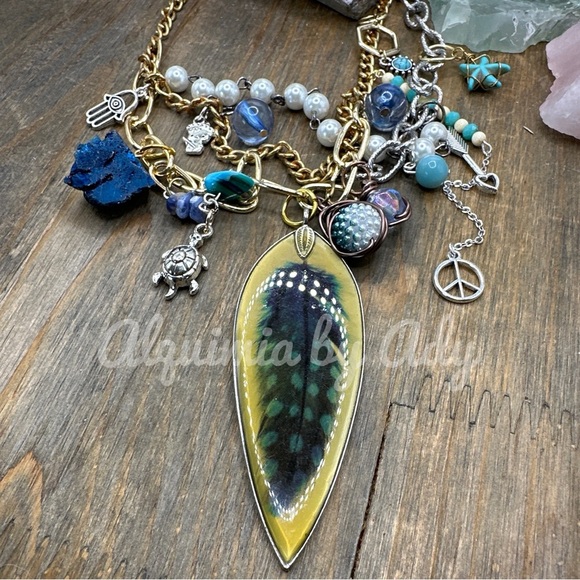 Lapis Layered Turquoise big maxi silver steel multi charms beaded boho necklace